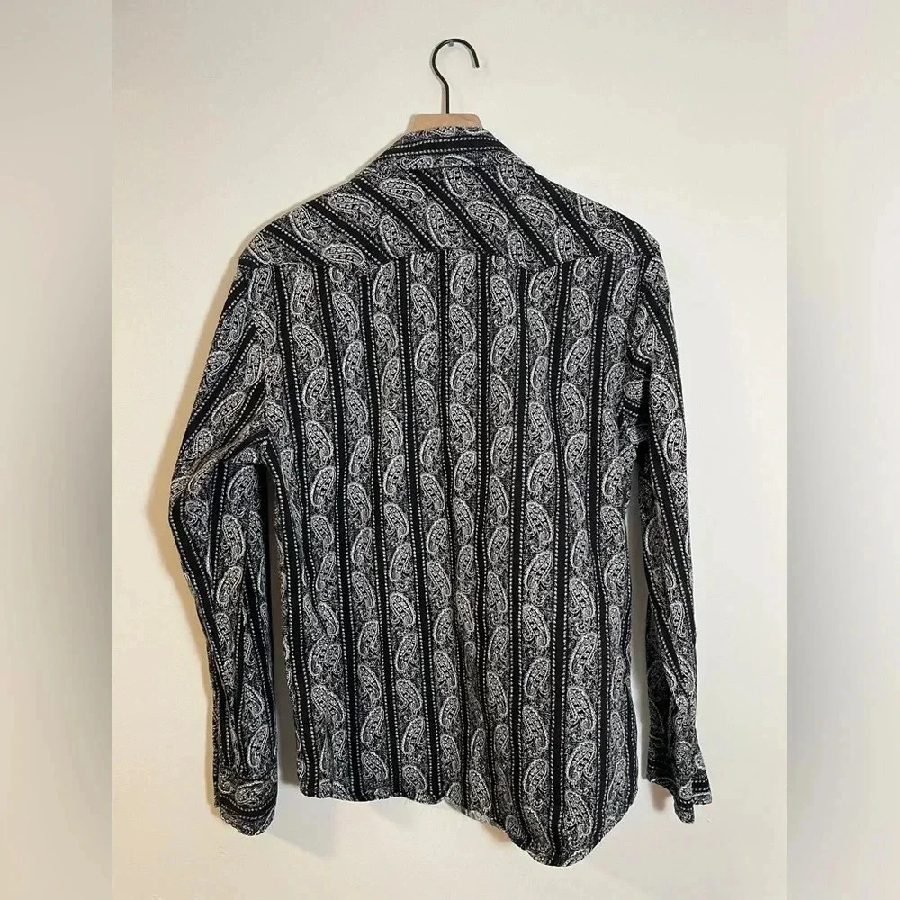VTG Wrangler American Cowboy Paisley Pearl Snap Shirt Western Rodeo Black/White - Picture 6 of 12